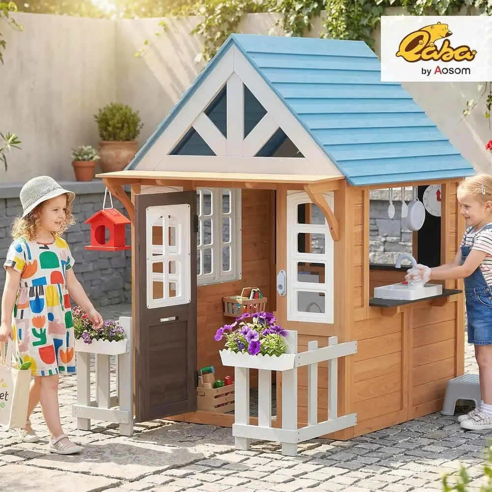 Qaba Outdoor Playhouse with Pe - Kids Outdoor Wooden Playhouse recension och pris