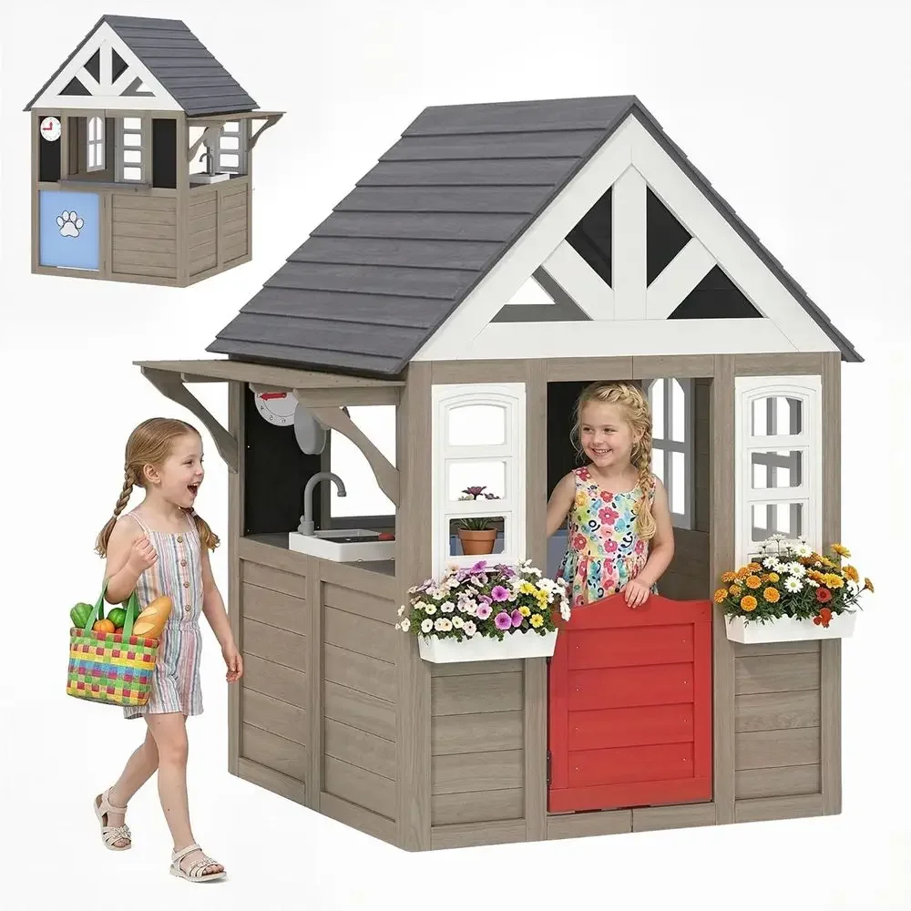 Qaba Outdoor Playhouse, Wooden - Kids Outdoor Wooden Playhouse recension och pris